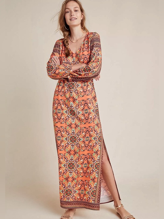 FARM Rio Dresses & Skirts - NWT Farm Rio Medallion Maxi Dress XS Orange Boho Puff Sleeve V-Neck